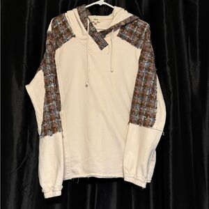 BKE Cream Hoodie with Brown Plaid Patchwork